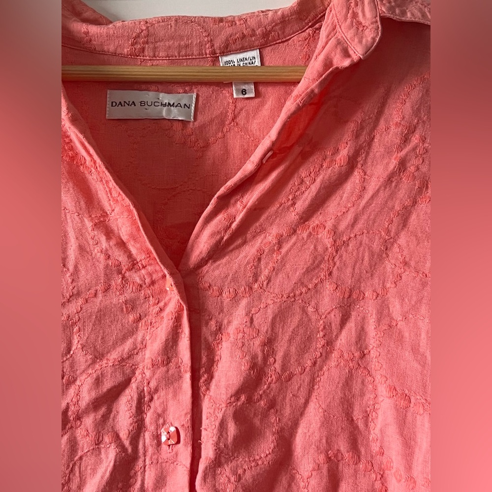 NWOT Dana Buchman Linen Coral Button-Down Shirt W/Embroidery. Size 6/S. - Picture 13 of 15